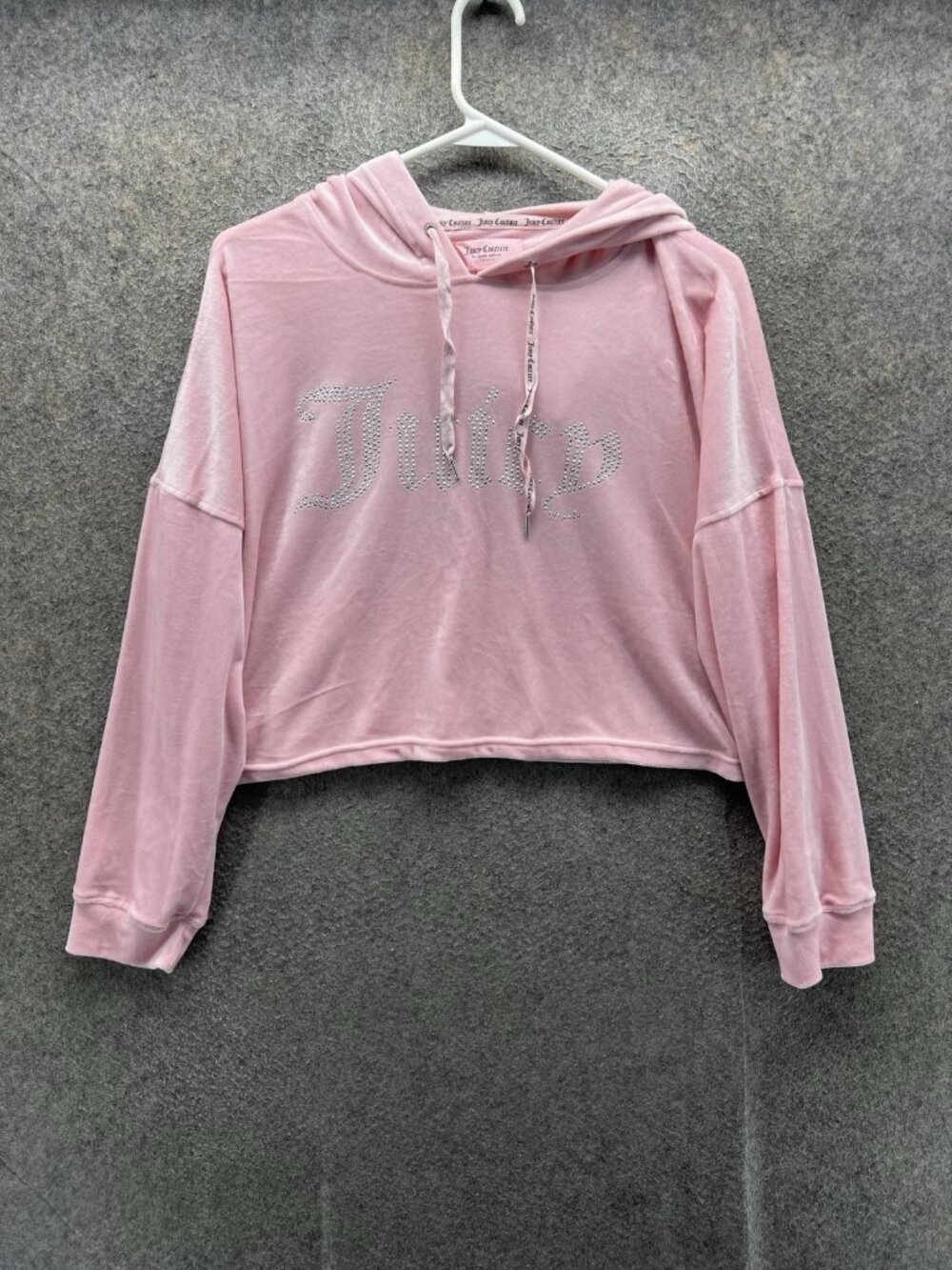 Juicy Couture Pajama Top Womens Large Pink Velour Rhinestone Hoodie Long Sleeve